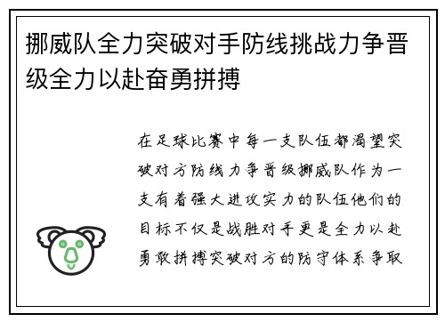 挪威队全力突破对手防线挑战力争晋级全力以赴奋勇拼搏