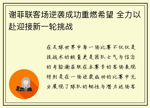谢菲联客场逆袭成功重燃希望 全力以赴迎接新一轮挑战