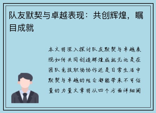 队友默契与卓越表现：共创辉煌，瞩目成就