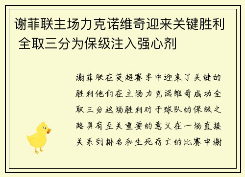 谢菲联主场力克诺维奇迎来关键胜利 全取三分为保级注入强心剂